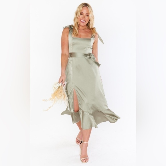SHOW ME YOUR MUMU Claire Midi Dress In Moss Green Luxe Satin - Picture 3 of 8